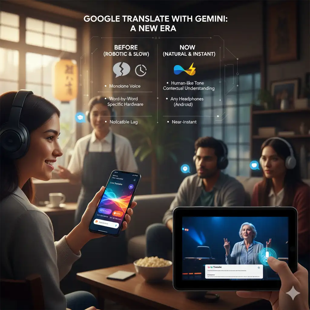 Interfaz de Google Translate con Gemini realizando traducción de voz en tiempo real